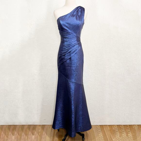 Theia One Shoulder Ruched Gown Sail Blue Silk Metallic Formal Wedding Size 2 - Picture 3 of 14